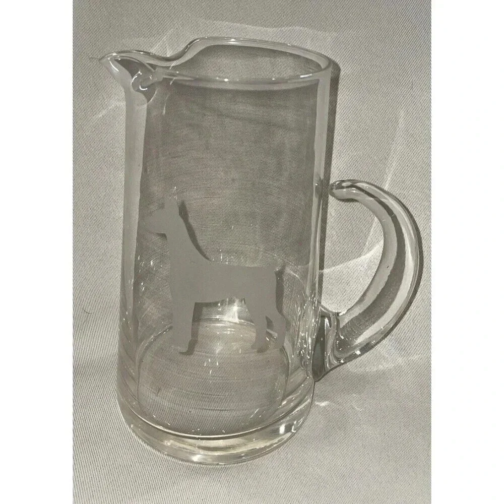 Doberman Pincher Etched Glass Pitcher‎ With Handle Dog Puppy 8 Inch Tall